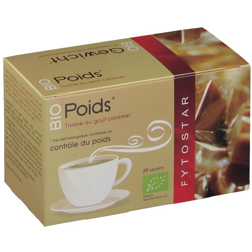 Confezione di tisana. Scritte: BIO Poids, Tisane au goût caramel, 20 bustine. Logo agricoltura biologica. Contiene bustine.