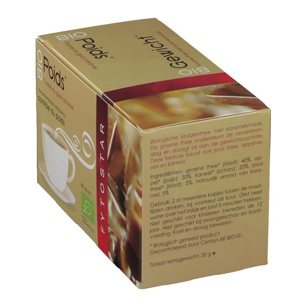 Confezione di tisana. Scritte: BIO Poids, Tisane au goût caramel, 20 bustine. Logo agricoltura biologica. Contiene bustine.