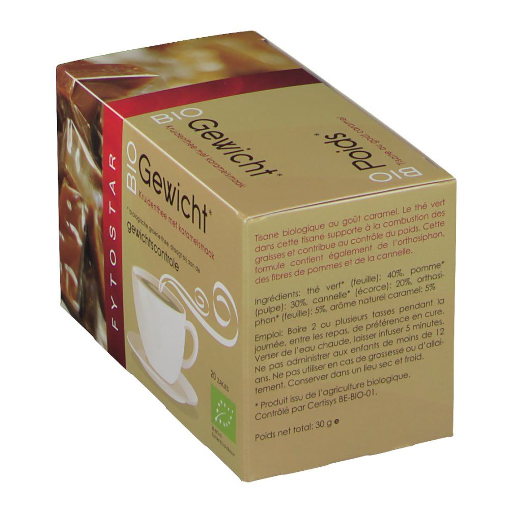Confezione di tisana. Scritte: BIO Poids, Tisane au goût caramel, 20 bustine. Logo agricoltura biologica. Contiene bustine.