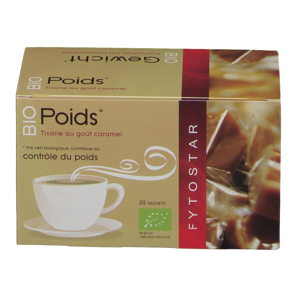 Confezione di tisana. Scritte: BIO Poids, Tisane au goût caramel, 20 bustine. Logo agricoltura biologica. Contiene bustine.