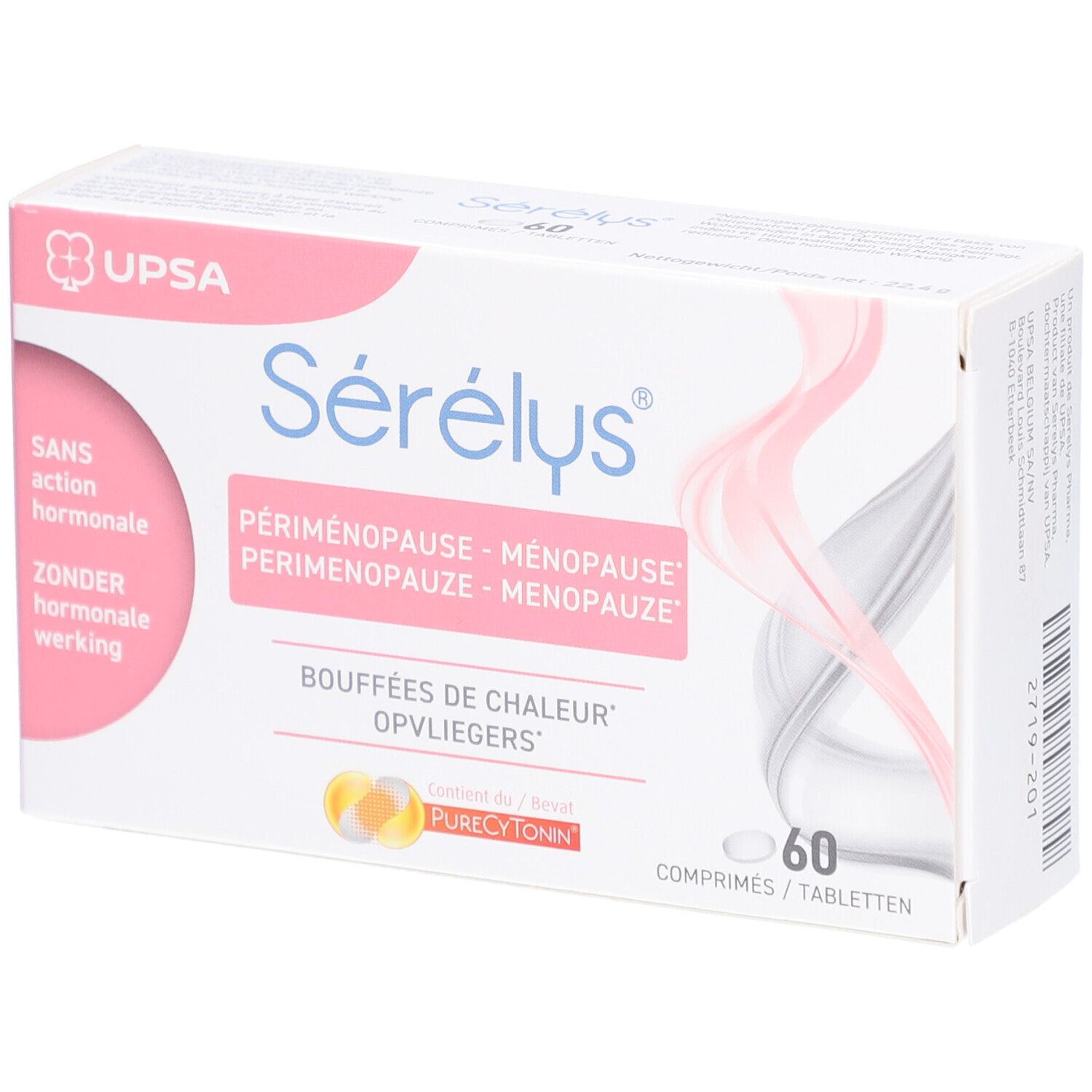 Scatola di Sérélys® Menopause, 60 compresse. Scritto: Senza azione ormonale. Per la menopausa.