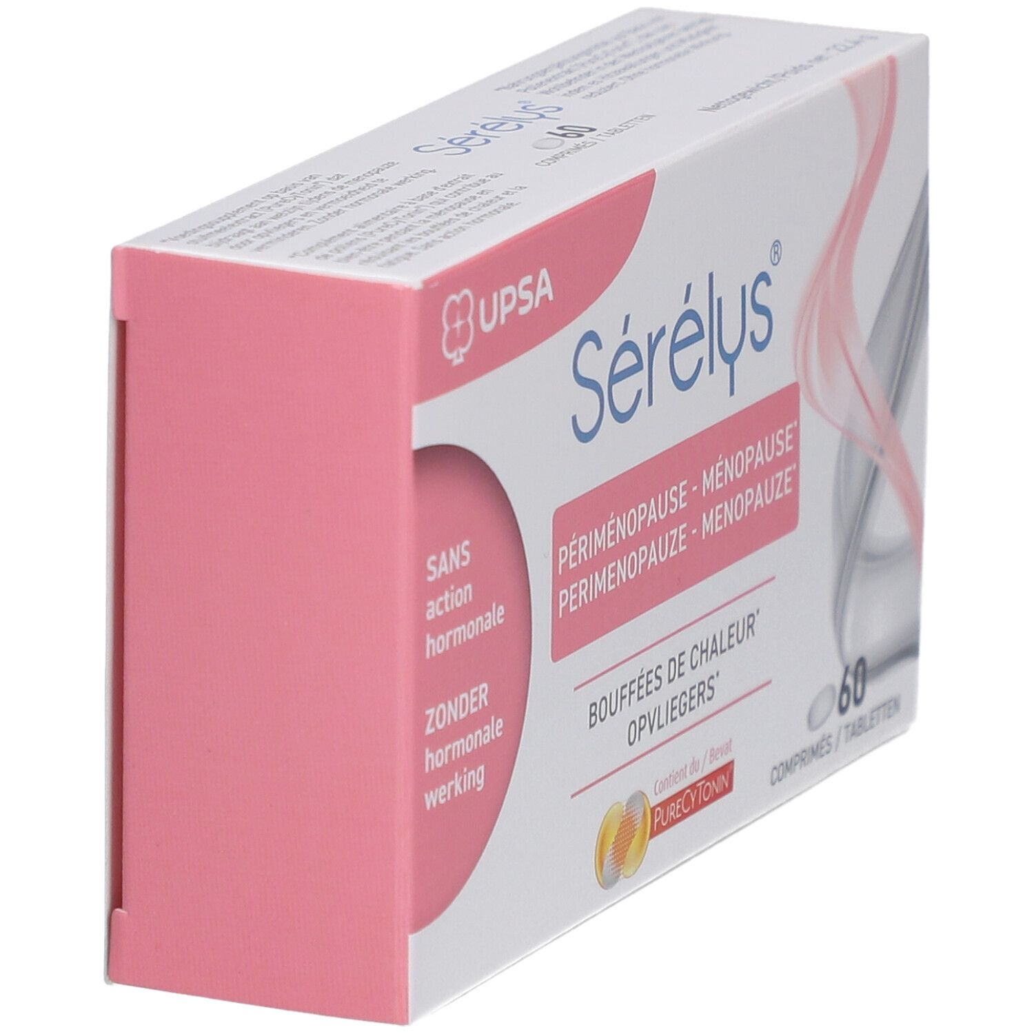 Scatola di Sérélys® Menopause in diagonale. Scritto: 60 compresse. Codice a barre e nome del prodotto visibili.