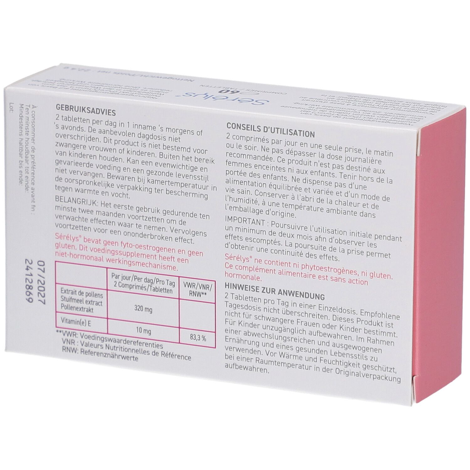 Retro della confezione Sérélys® Menopause. Testo su ingredienti, uso e durata.