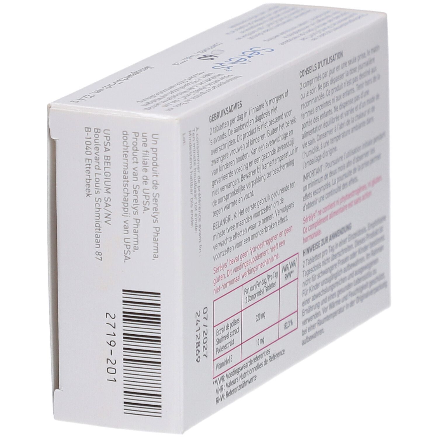 Vista obliqua della confezione Sérélys® Menopause. Testo su ingredienti e produttore.