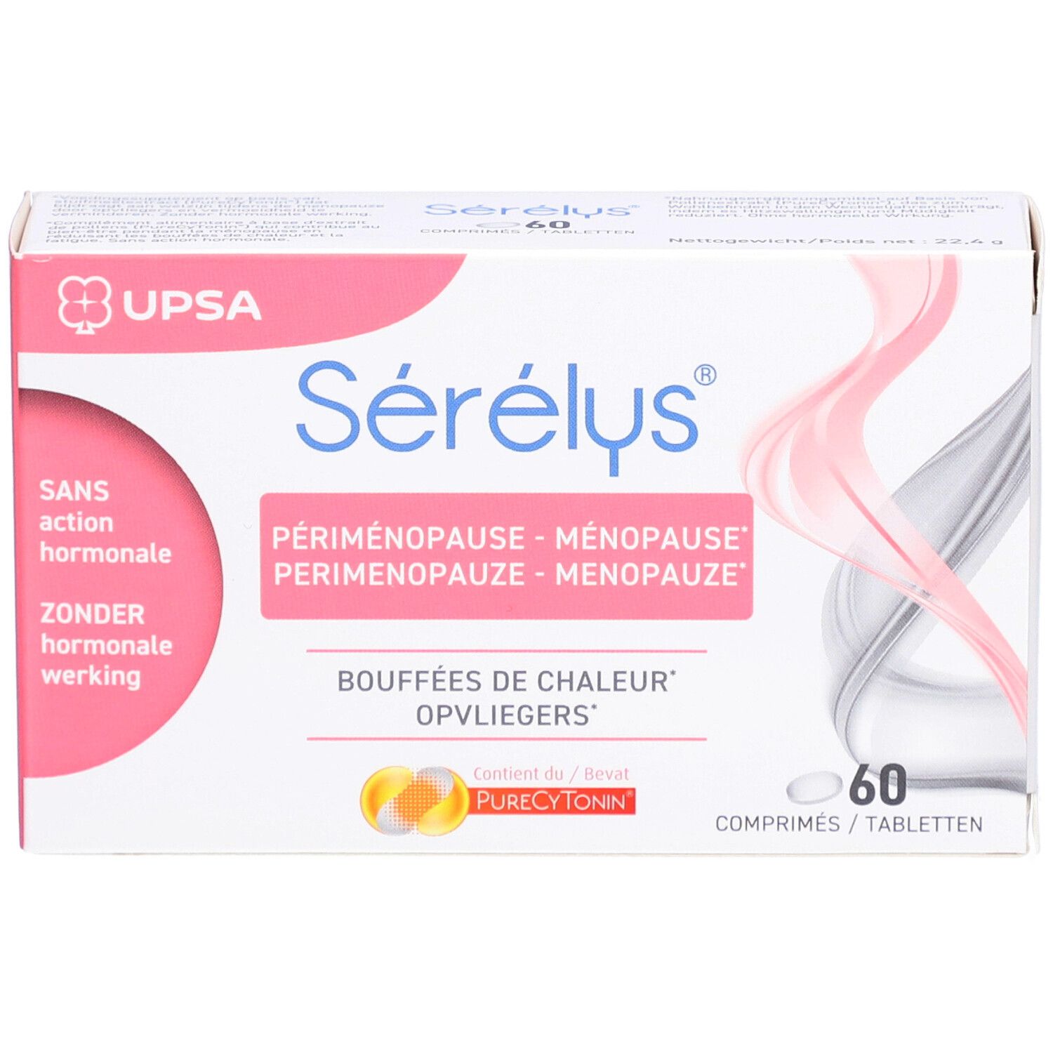 Scatola di Sérélys® Menopause, 60 compresse. Scritto: Senza azione ormonale. Per la menopausa.