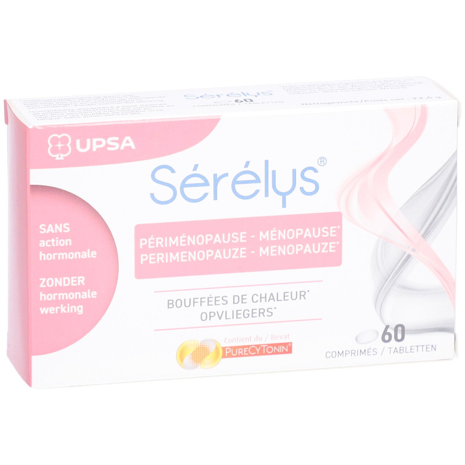 Scatola di Sérélys® Menopause, 60 compresse. Scritto: Senza azione ormonale. Per la menopausa.