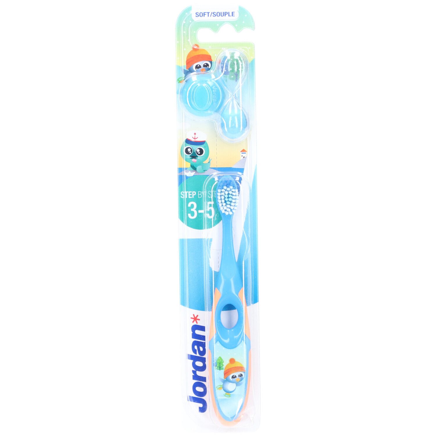 Spazzolino blu, setole morbide, design animale. Confezione blister. Marchio Jordan, Step by Step 3-5 anni.