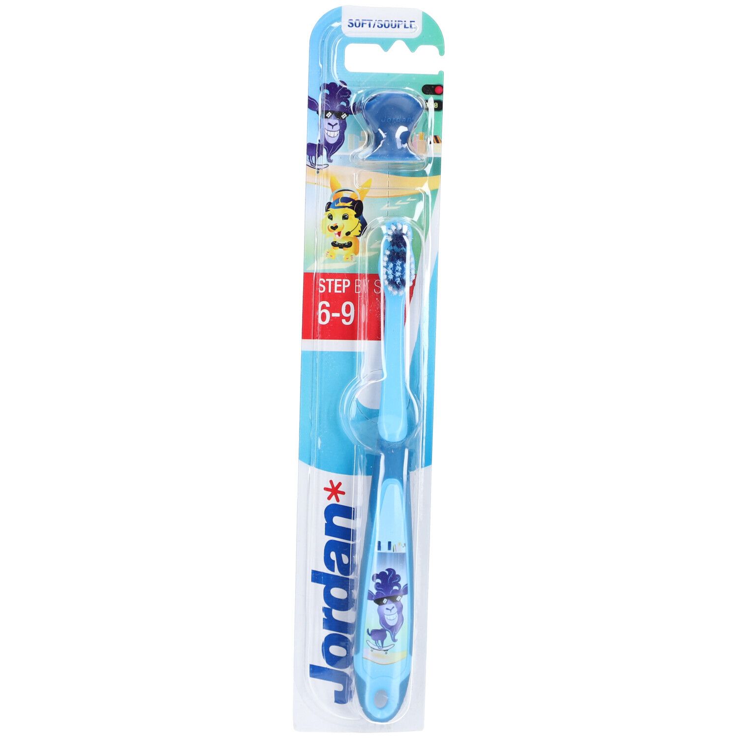 Spazzolino blu con setole morbide e supporto. Confezione con logo Jordan e indicazione dell'età 6-9.
