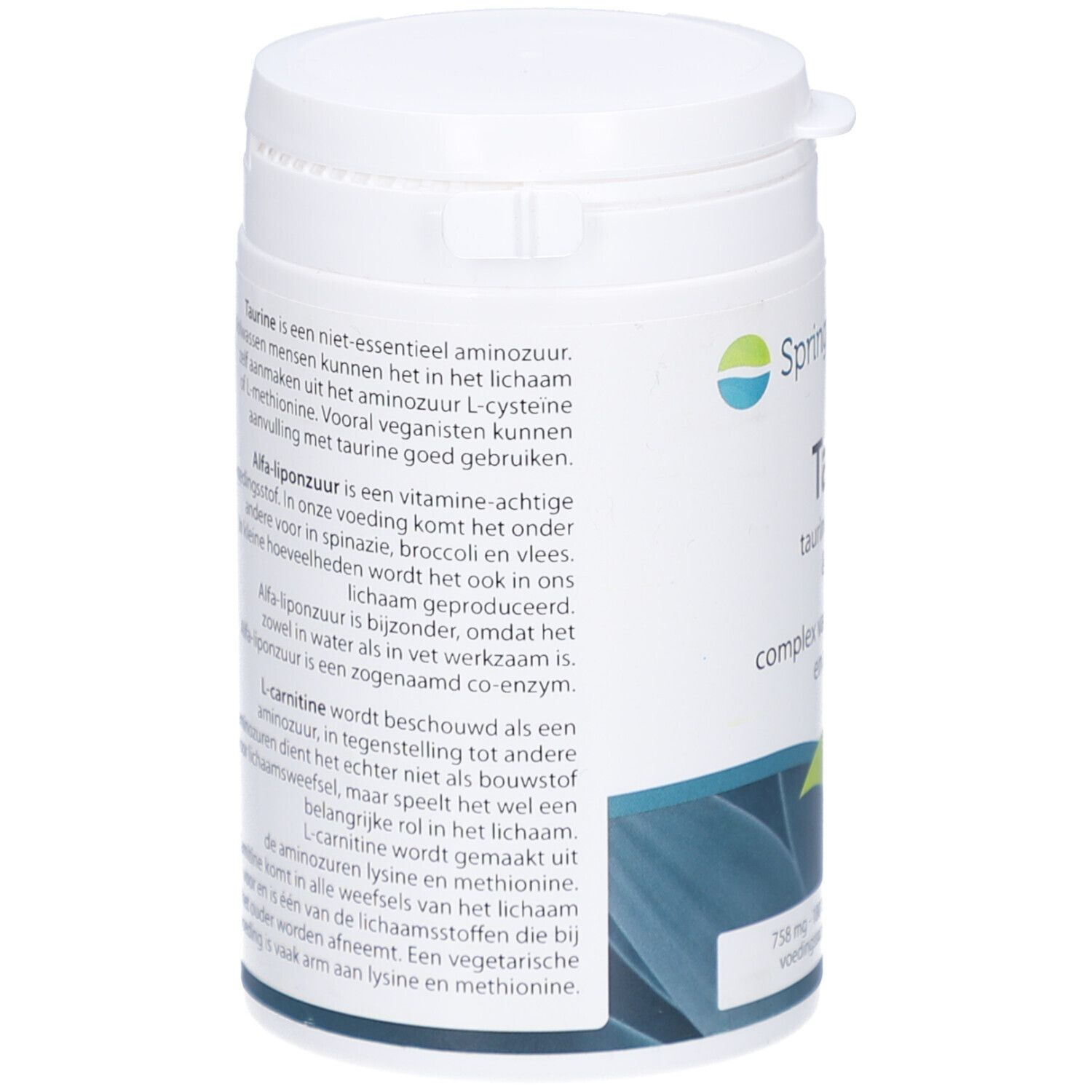 Retro del contenitore bianco di integratore alimentare. Informazioni testuali su ingredienti, dosaggio e produttore. Contiene 148 grammi.