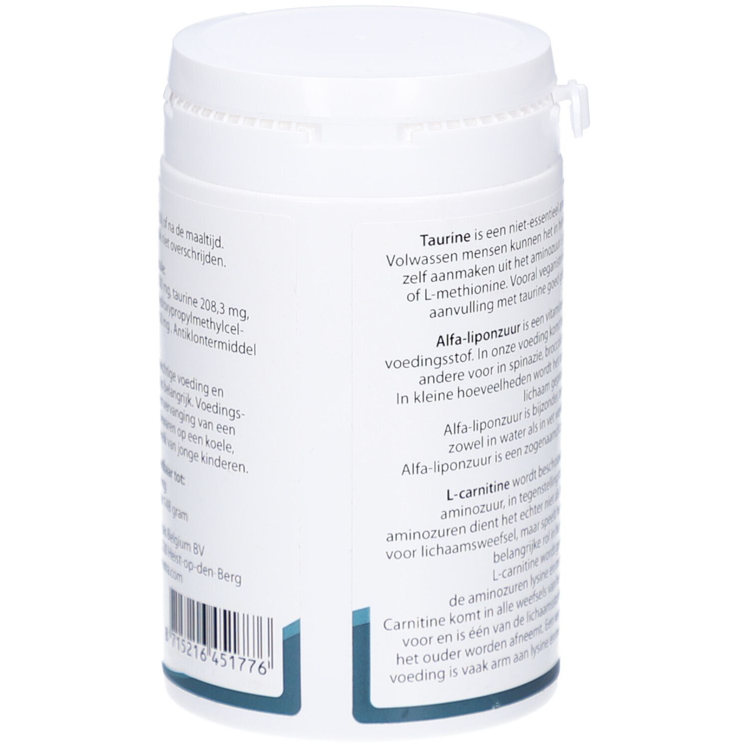 Vista laterale del contenitore bianco di integratore alimentare. Informazioni testuali su ingredienti e produttore. Con codice a barre.