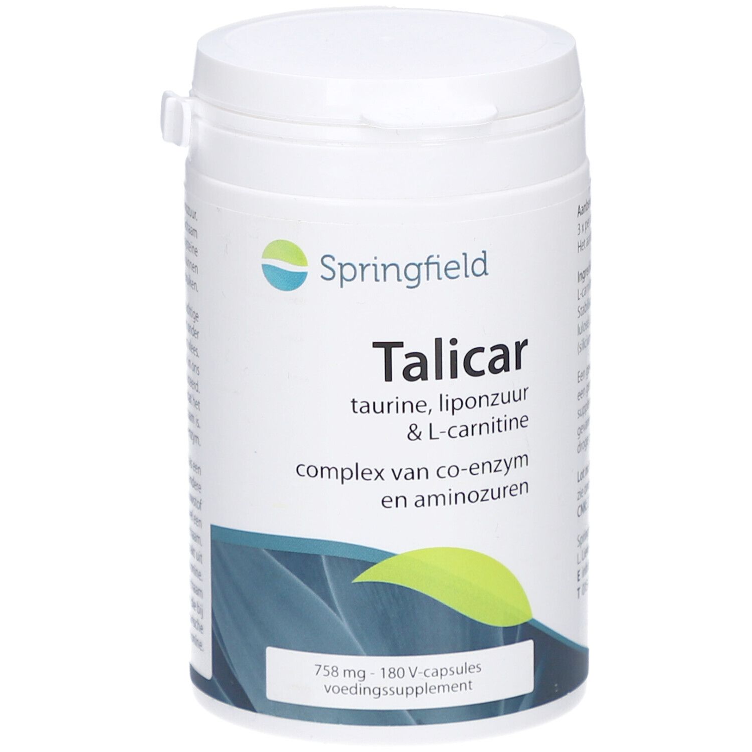 Contenitore cilindrico bianco di integratore alimentare con coperchio. Scritta: Springfield Talicar, taurina, L-carnitina. Contiene 180 capsule.