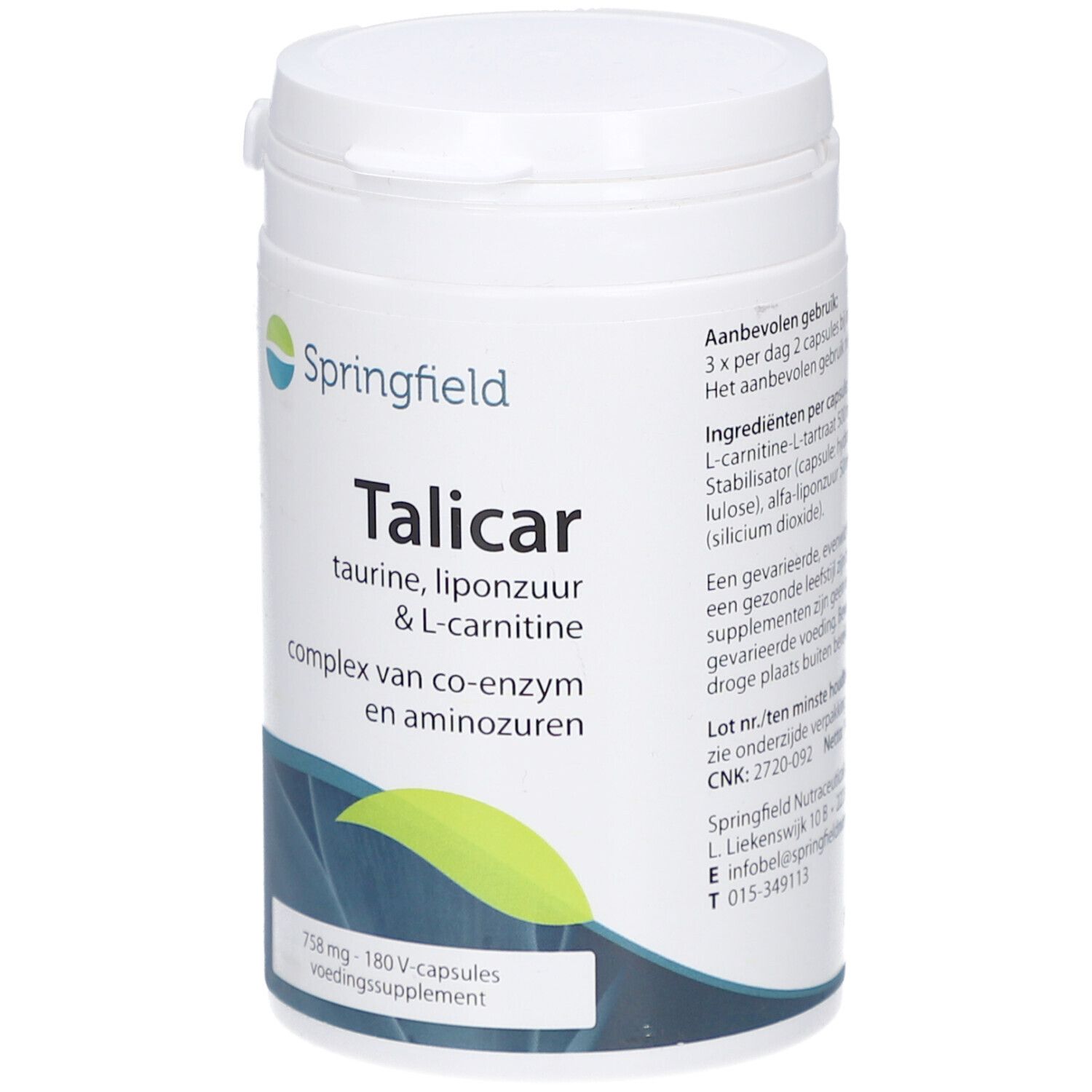 Contenitore cilindrico bianco di integratore alimentare con coperchio. Scritta: Springfield Talicar, taurina, L-carnitina. Contiene 180 capsule.