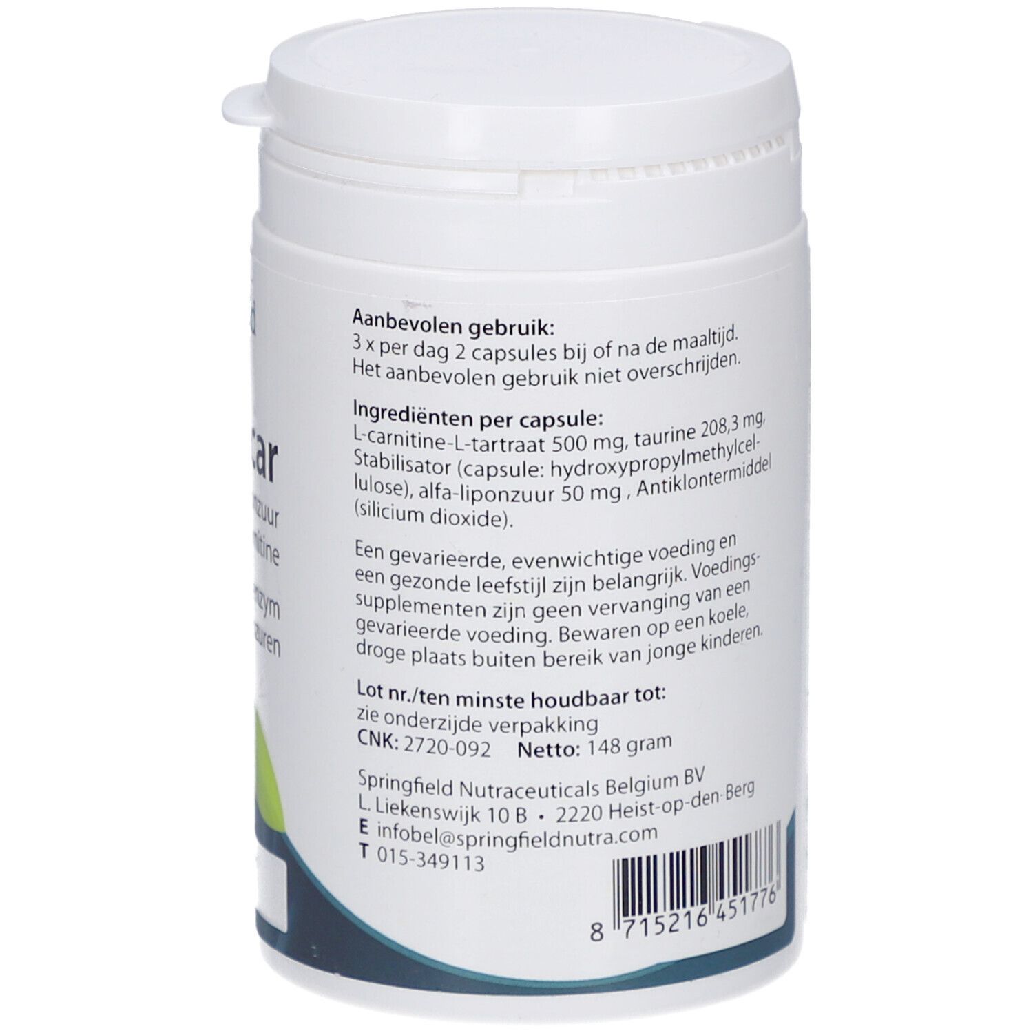 Retro del contenitore bianco di integratore alimentare. Informazioni testuali su ingredienti, dosaggio e produttore. Contiene 148 grammi.