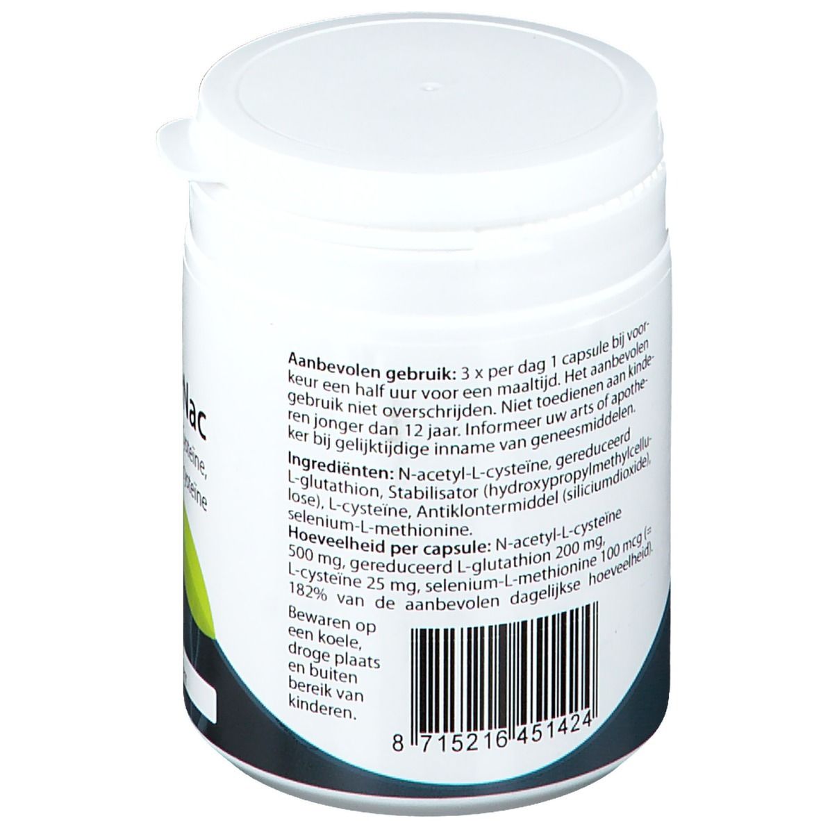 Barattolo bianco, retro con testo. Contiene ingredienti e istruzioni per l'uso. Codice a barre in basso.