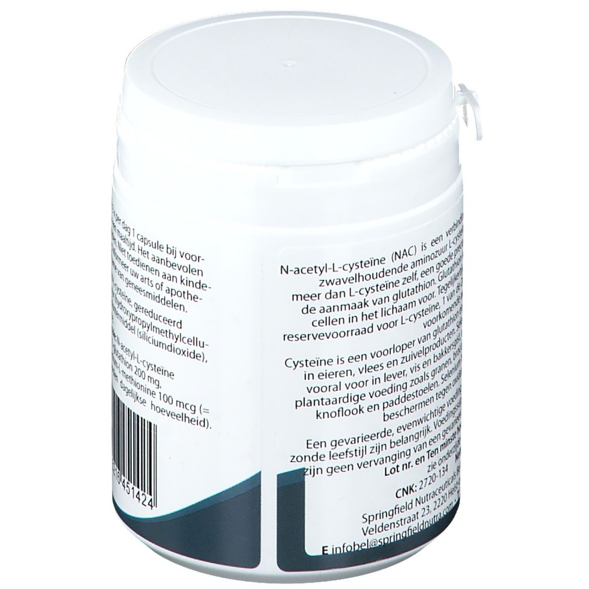 Barattolo bianco, retro con testo. Contiene informazioni sugli ingredienti e l'uso. Codice a barre in basso.