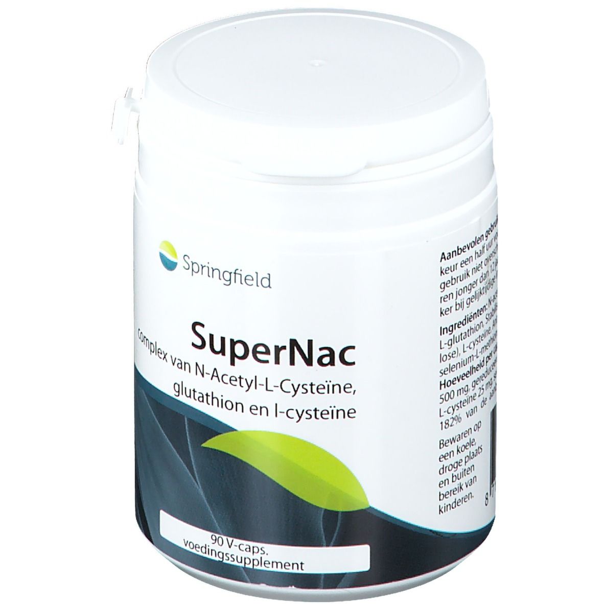 Barattolo bianco con coperchio. Scritta: Springfield SuperNac. Contiene 90 V-Caps. Design foglia verde-giallo.