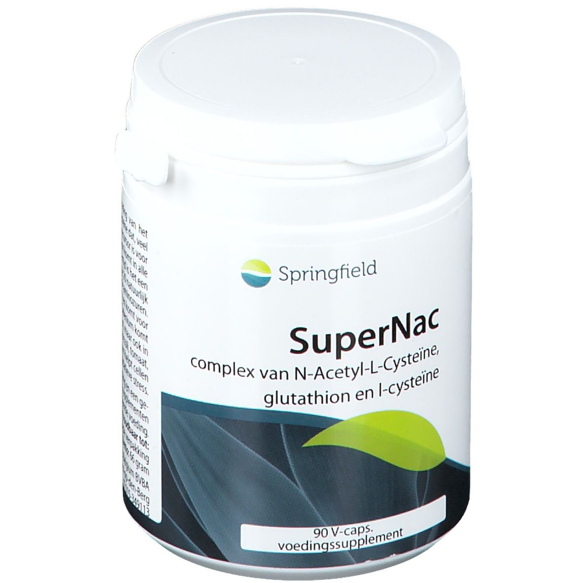 Barattolo bianco con coperchio. Scritta: Springfield SuperNac. Contiene 90 V-Caps. Design foglia verde-giallo.