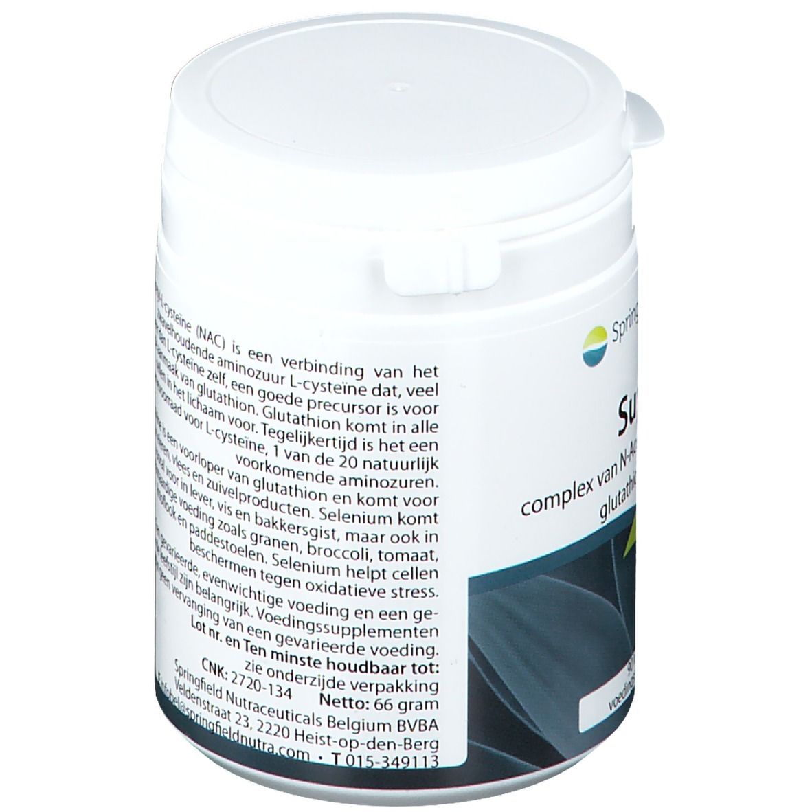 Barattolo bianco, retro con testo. Contiene informazioni sugli ingredienti e l'uso. Logo Springfield.