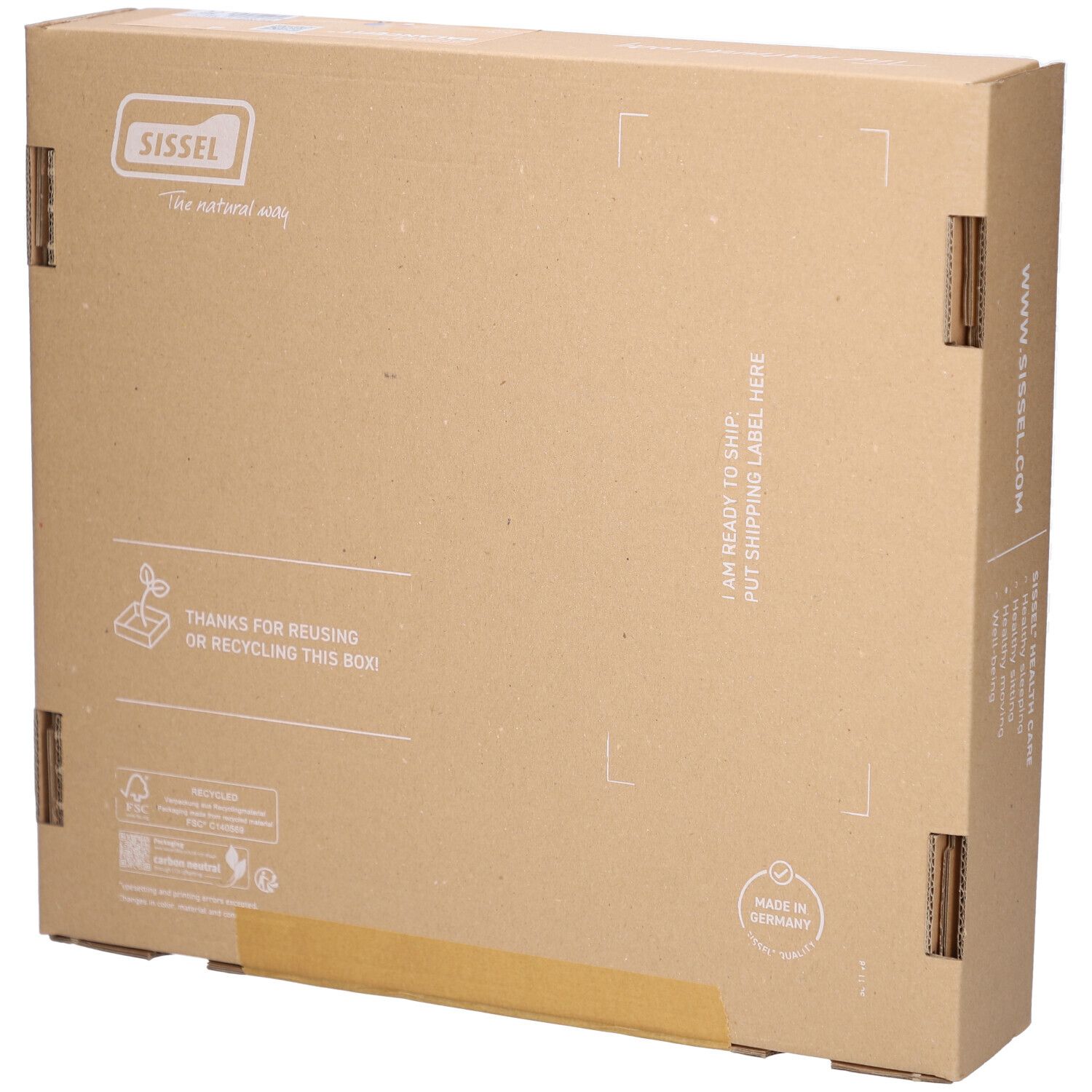 Scatola di cartone marrone. Scritta: 'Thanks for reusing or recycling this box!' e 'Made in Germany'.