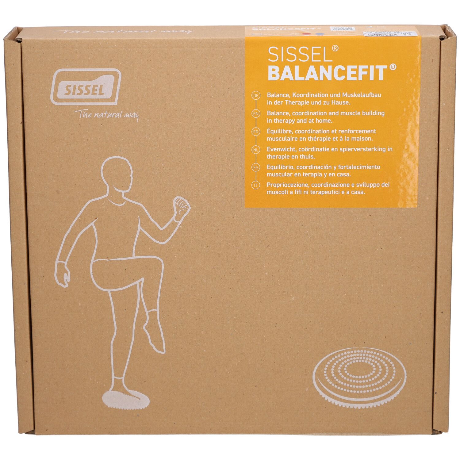 Confezione in cartone marrone. Nome e marchio visibili. Illustrazione di una persona sul dispositivo.