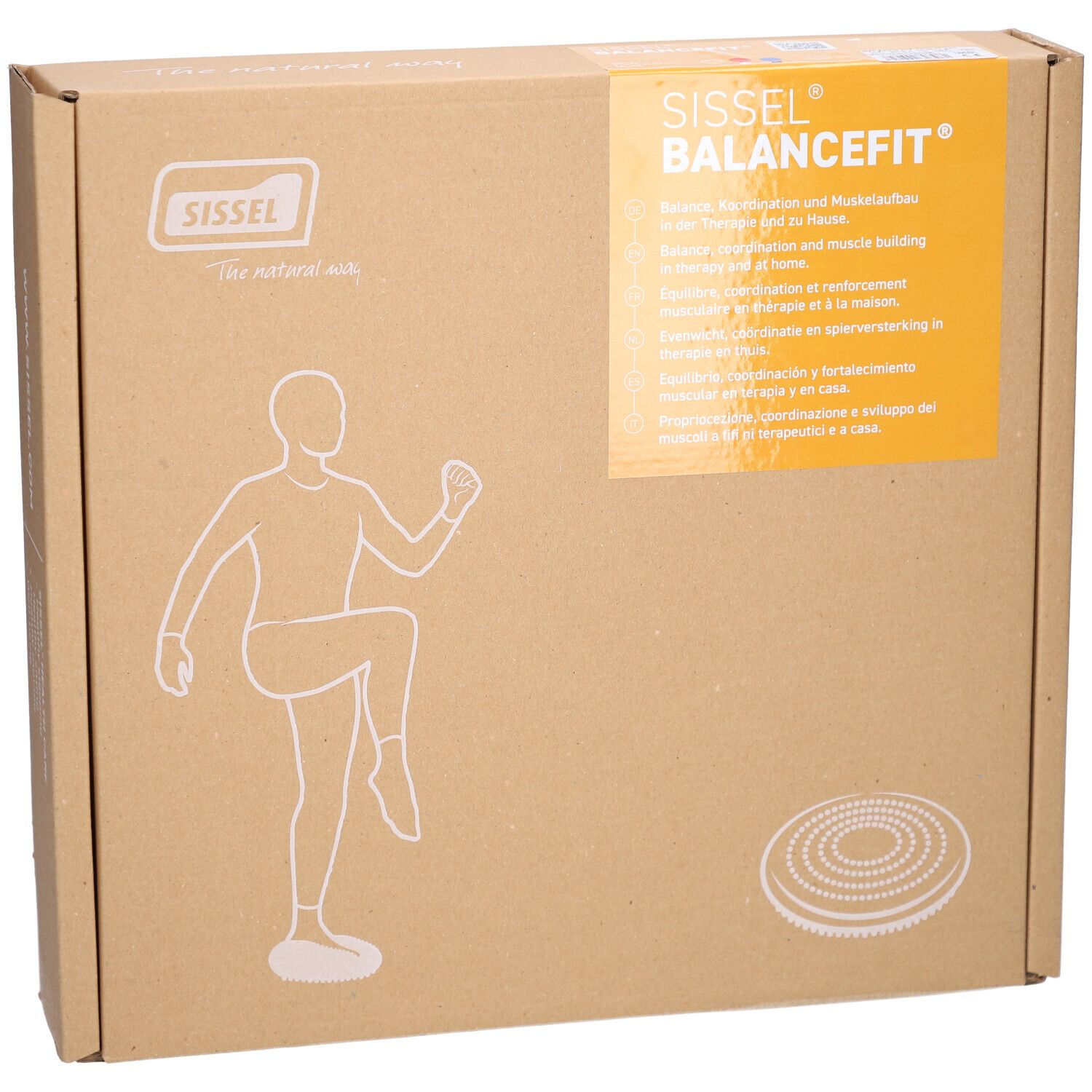 Confezione in cartone marrone. Nome e marchio visibili. Illustrazione di una persona sul dispositivo.