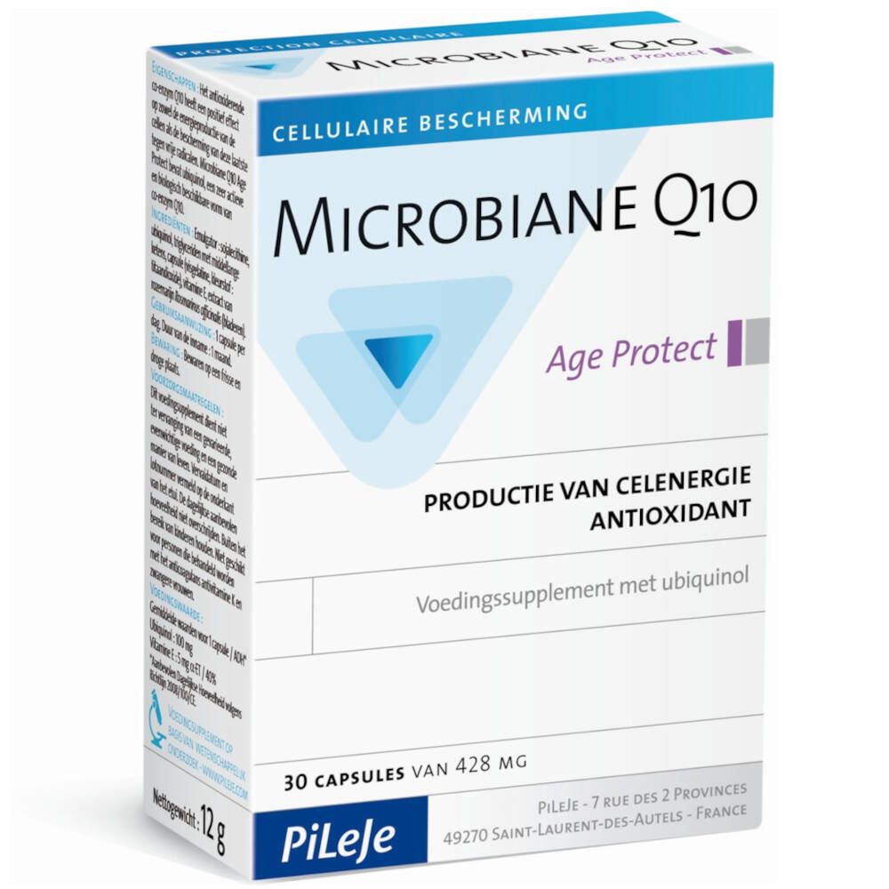 Scatola Microbiane Q10 Age Protect. Contiene 30 capsule. Scritta: Protezione cellulare, antiossidante.