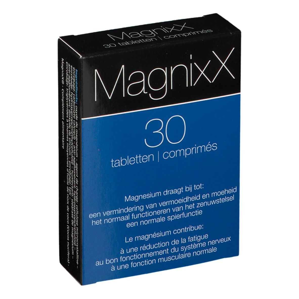 Scatola "MagnixX" con "30 compresse". Colori blu e nero. Testo in tedesco, francese e olandese.
