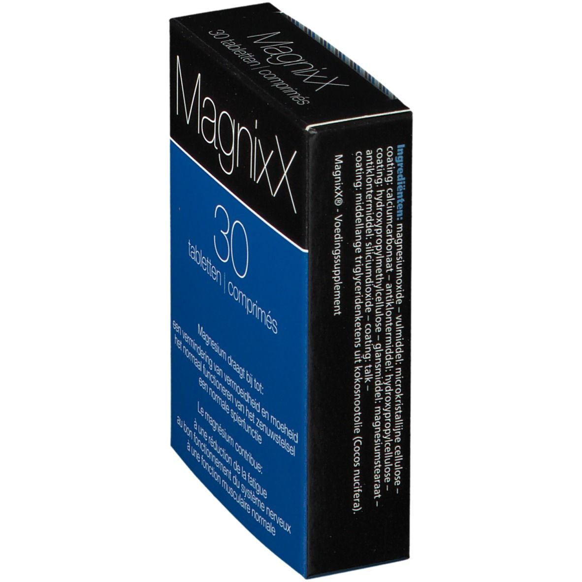 Scatola "MagnixX" con elenco ingredienti. Colori blu e nero. Testo in tedesco, francese e olandese.