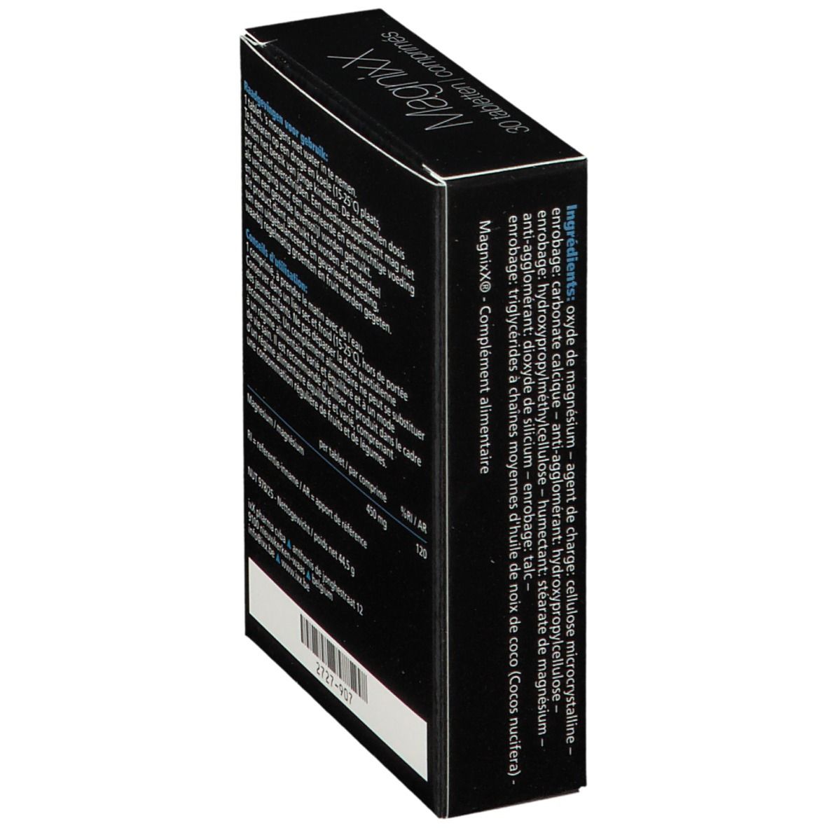 Retro della scatola "MagnixX" con elenco ingredienti. Testo in tedesco, francese e olandese. Sfondo nero.