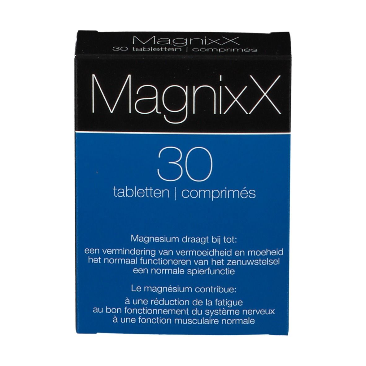 Fronte della scatola "MagnixX" con nome del prodotto e "30 compresse". Colori blu e nero.