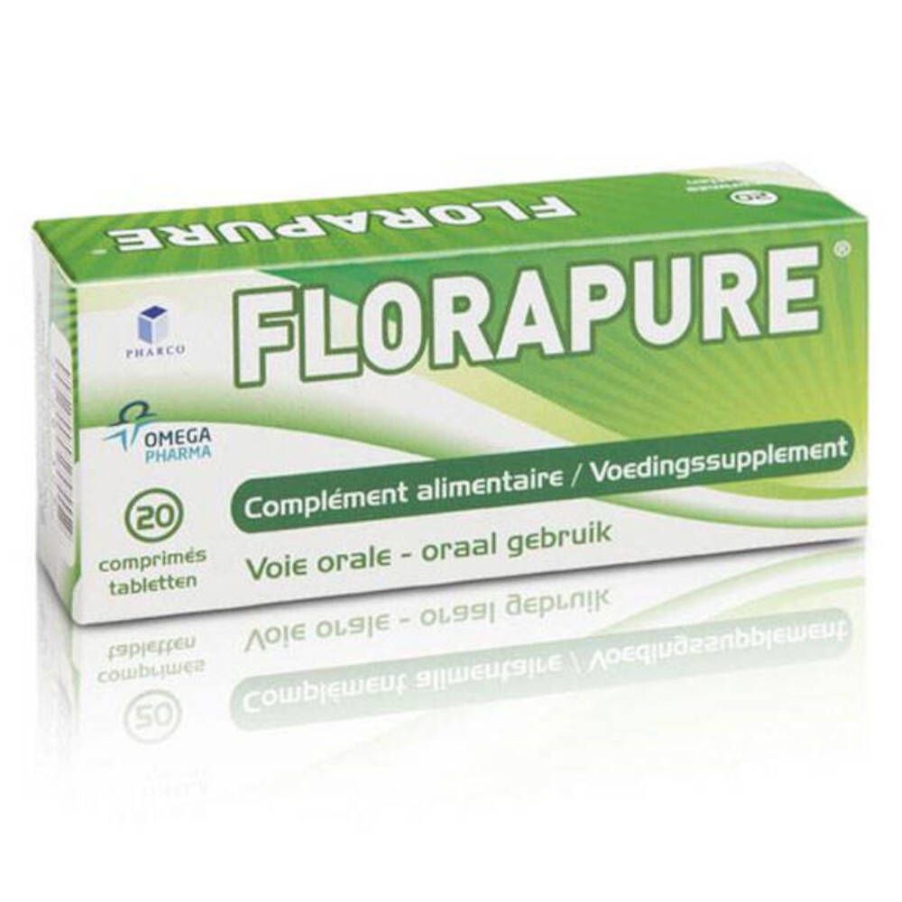 Scatola verde con scritta FLORAPURE. Contiene 20 compresse. Scritta: Integratore alimentare, uso orale.