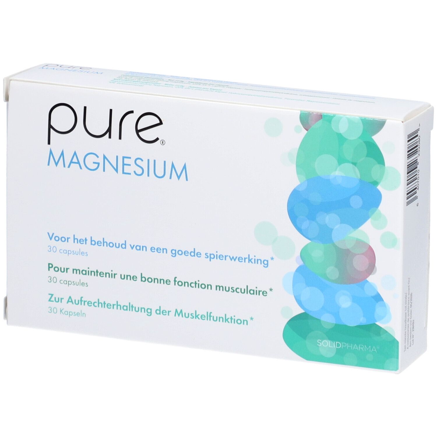 Scatola "pure Magnesium". Elementi blu e verdi. Testo in olandese, francese e tedesco.