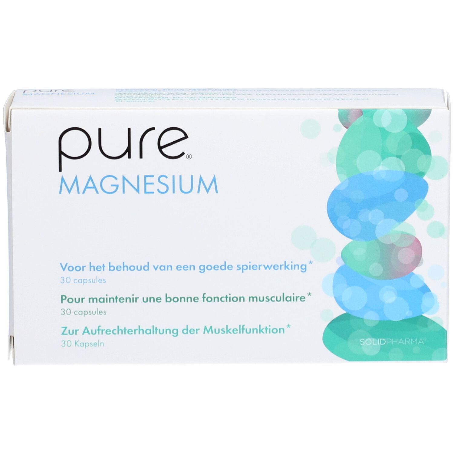 Scatola "pure Magnesium". Elementi blu e verdi. Testo in olandese, francese e tedesco.