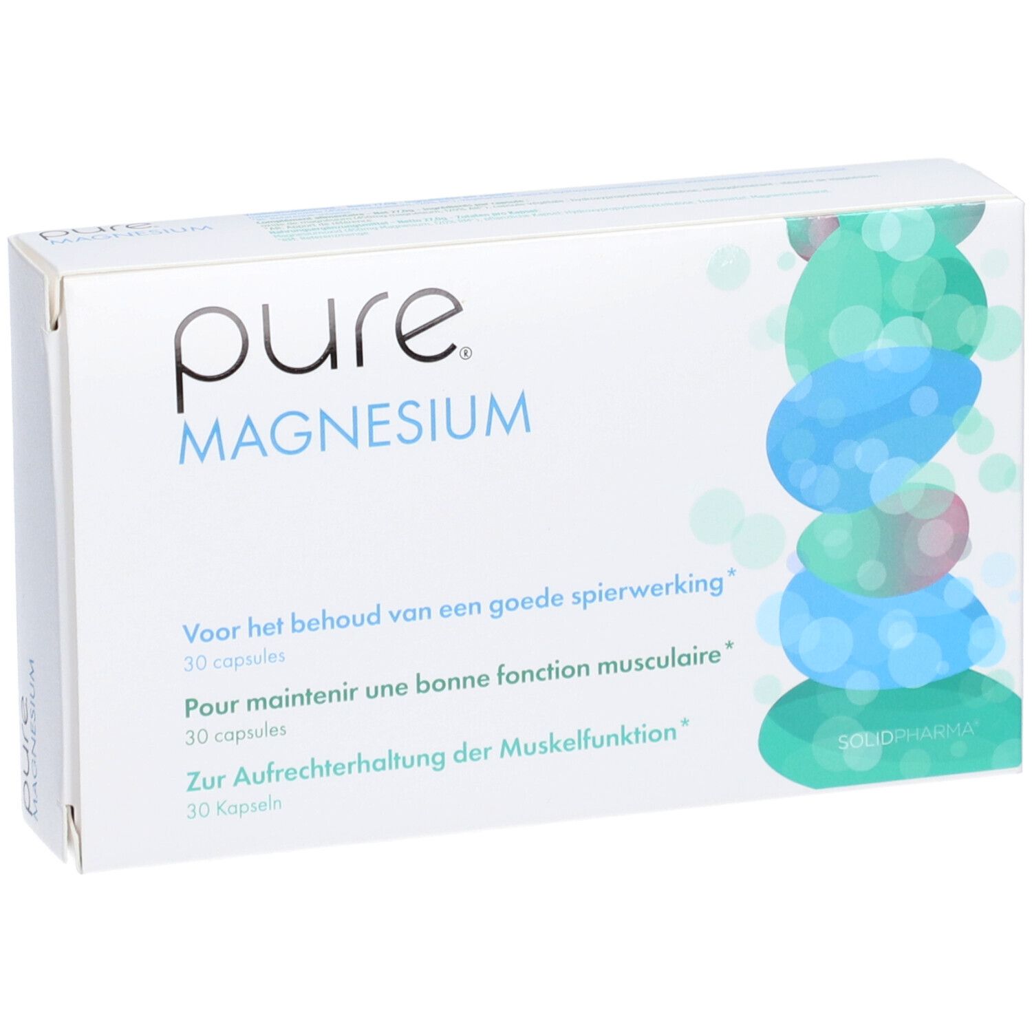 Scatola "pure Magnesium". Elementi blu e verdi. Testo in olandese, francese e tedesco.