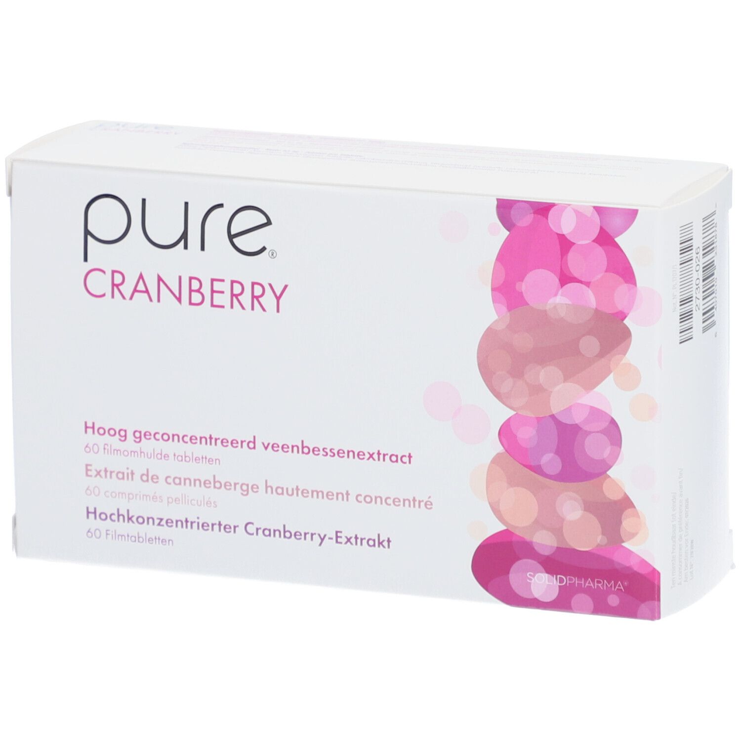 Scatola bianca con accenti rosa. Scritta: pure CRANBERRY. Contiene 60 compresse.