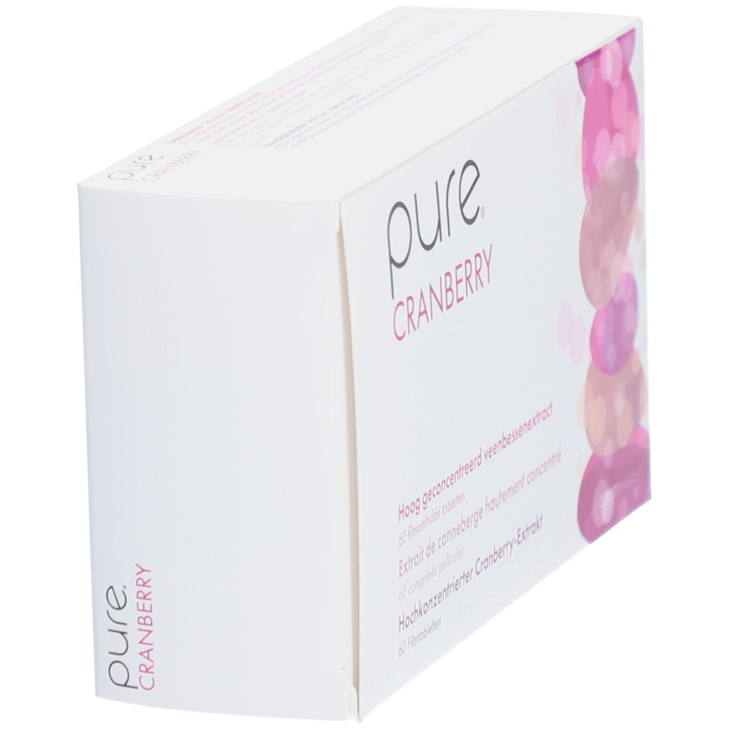Scatola bianca con accenti rosa. Scritta: pure CRANBERRY. Vista laterale.