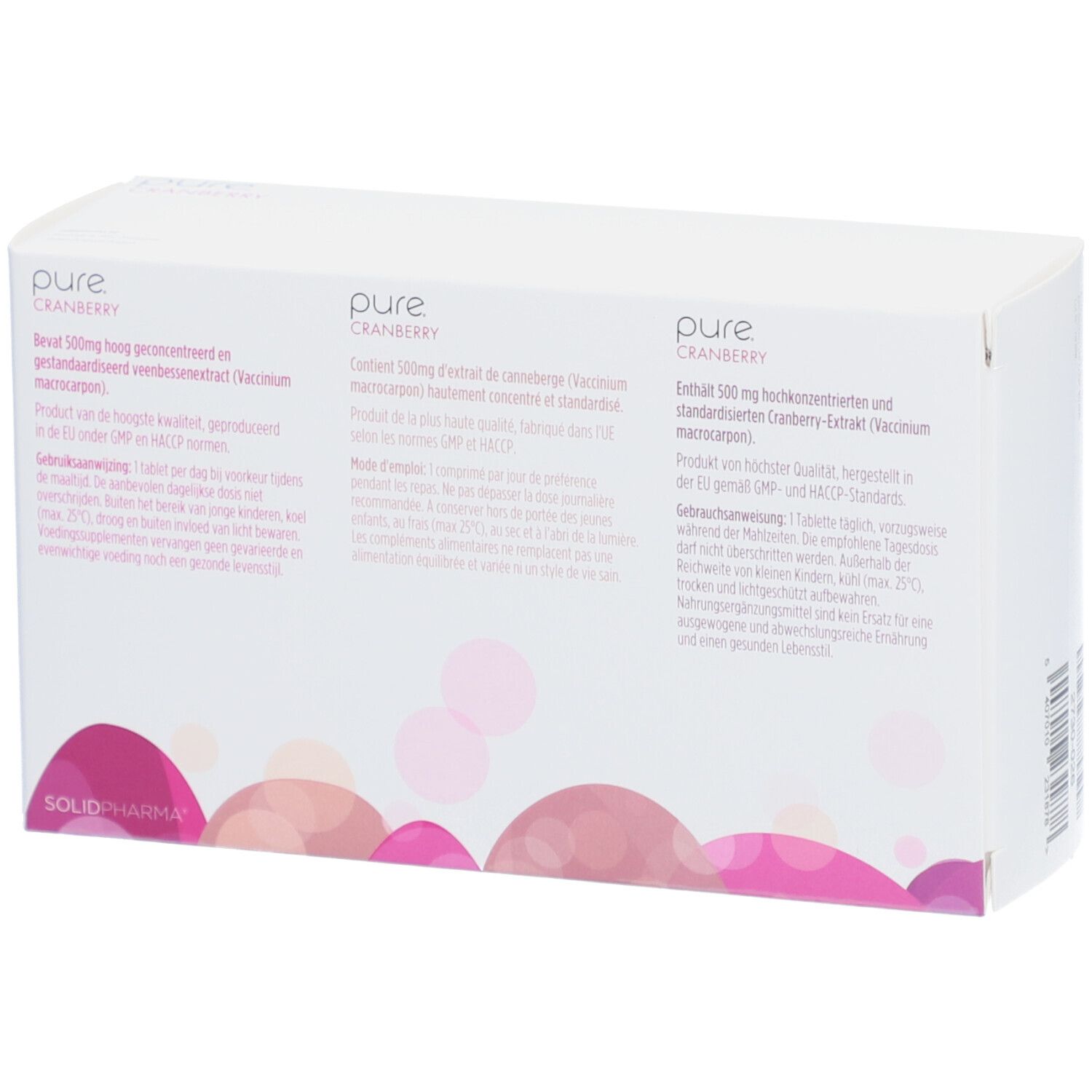 Retro della scatola bianca con accenti rosa. Testo in più lingue.