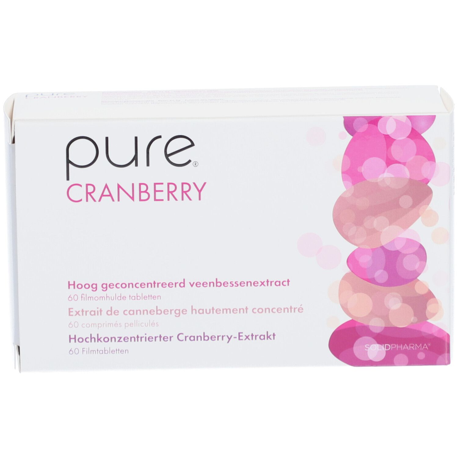 Scatola bianca con accenti rosa. Scritta: pure CRANBERRY. Contiene 60 compresse.
