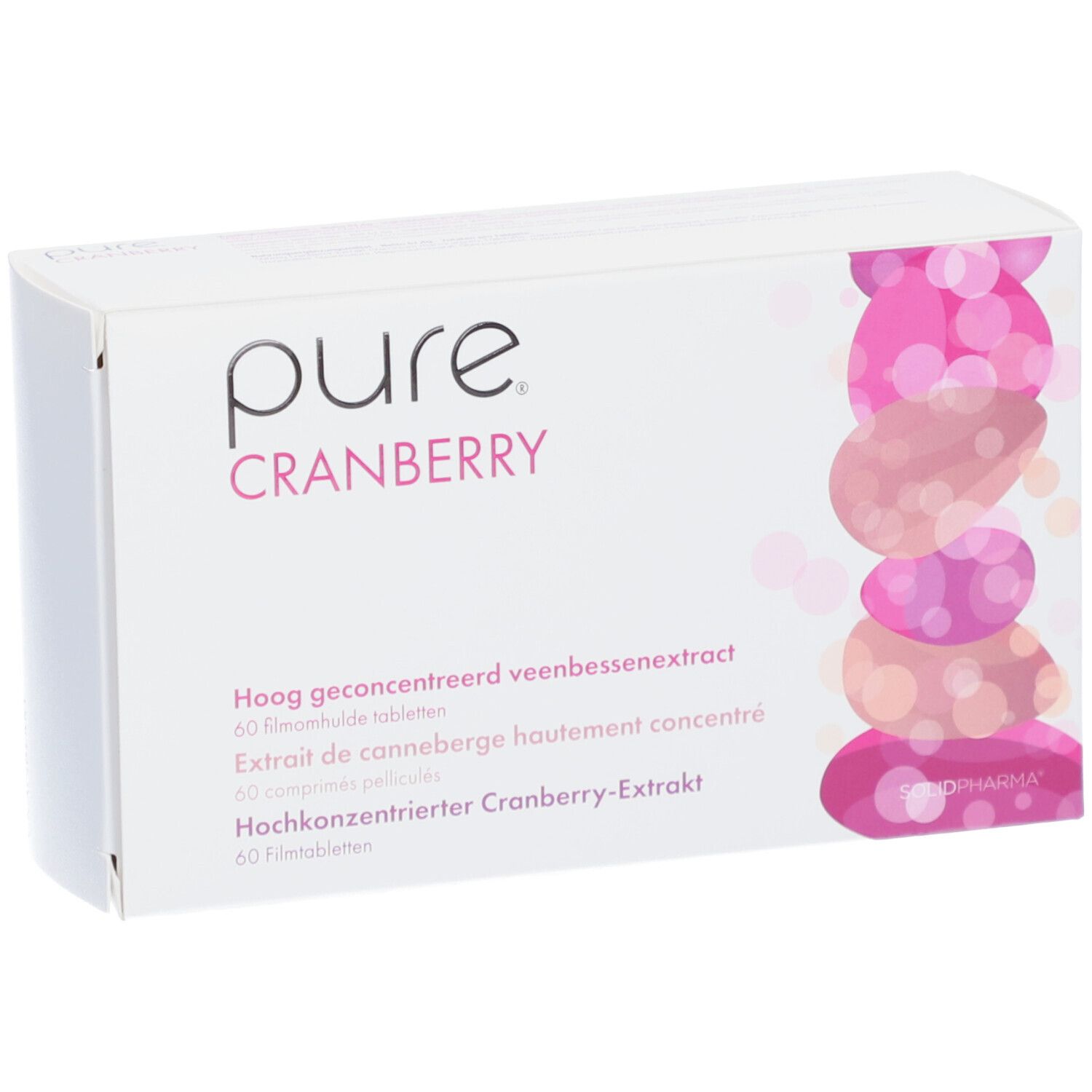 Scatola bianca con accenti rosa. Scritta: pure CRANBERRY. Contiene 60 compresse.