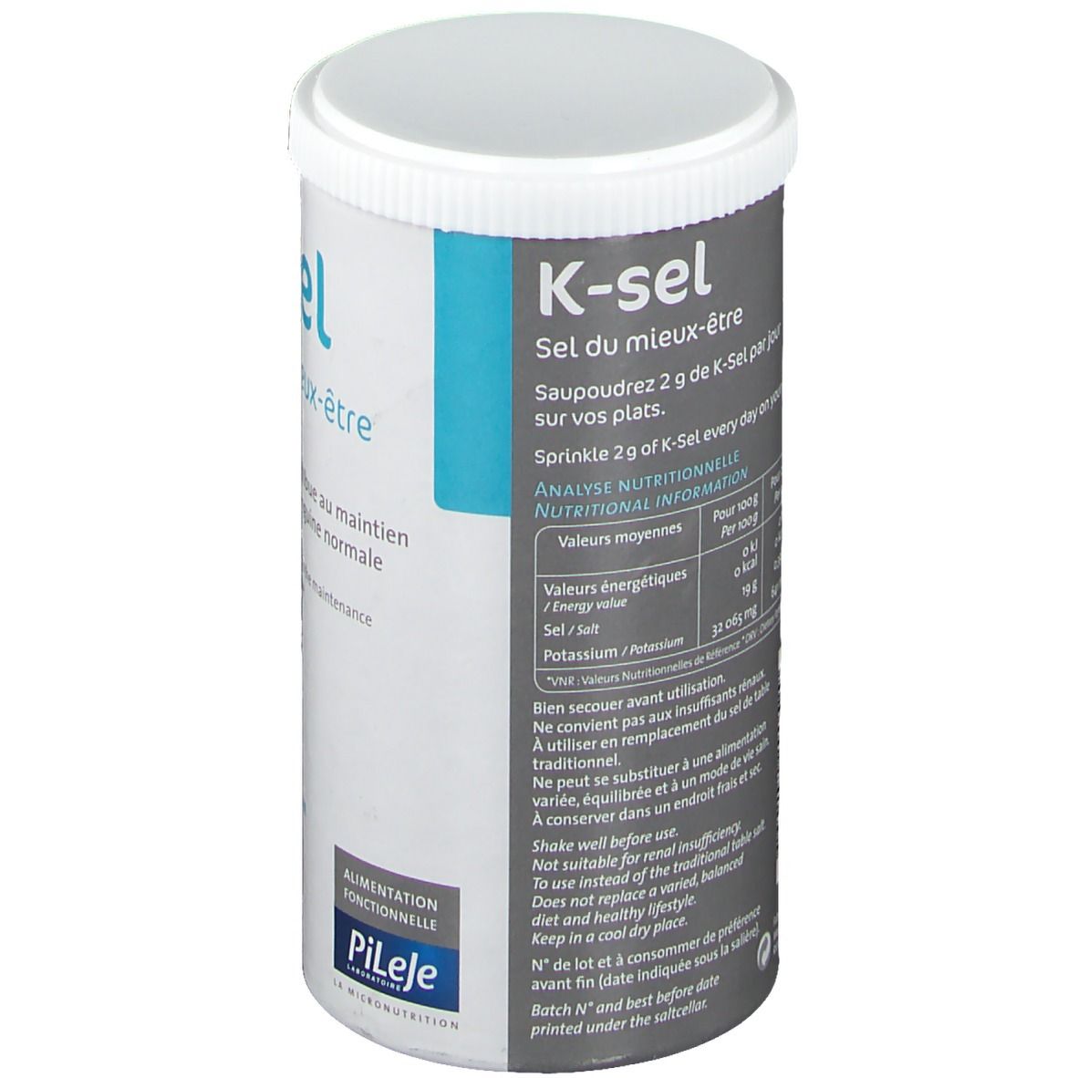 Barattolo cilindrico K-sel con coperchio bianco. Scritta: K-sel, Sel du mieux-être. Testo: Cospargere 2 g di K-Sel al giorno sui pasti. Informazioni nutrizionali.