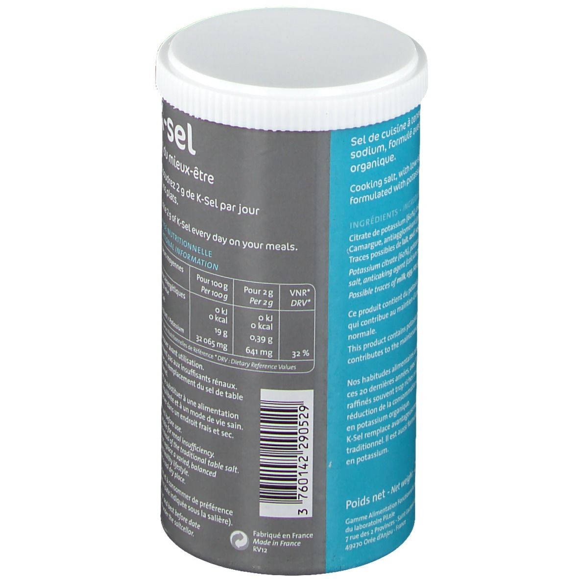 Barattolo cilindrico K-sel con coperchio bianco. Scritta: K-sel, Sel du mieux-être. Testo: Sale da cucina, formulato con citrato di potassio. Codice a barre.