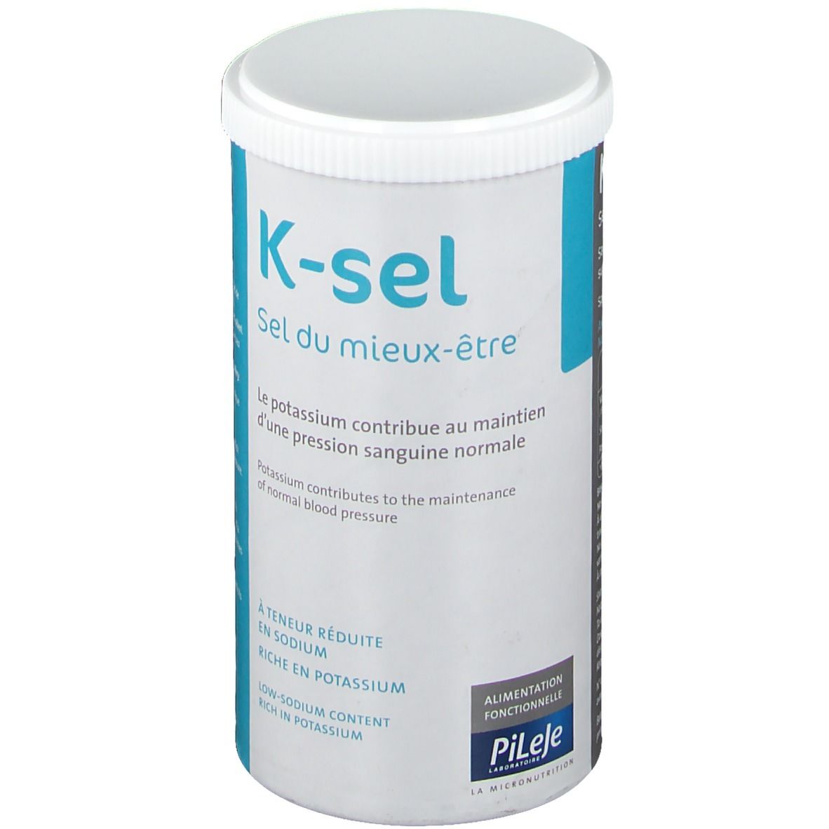Barattolo cilindrico K-sel con coperchio bianco. Scritta: K-sel, Sel du mieux-être. Testo: Il potassio contribuisce al mantenimento di una pressione sanguigna normale.