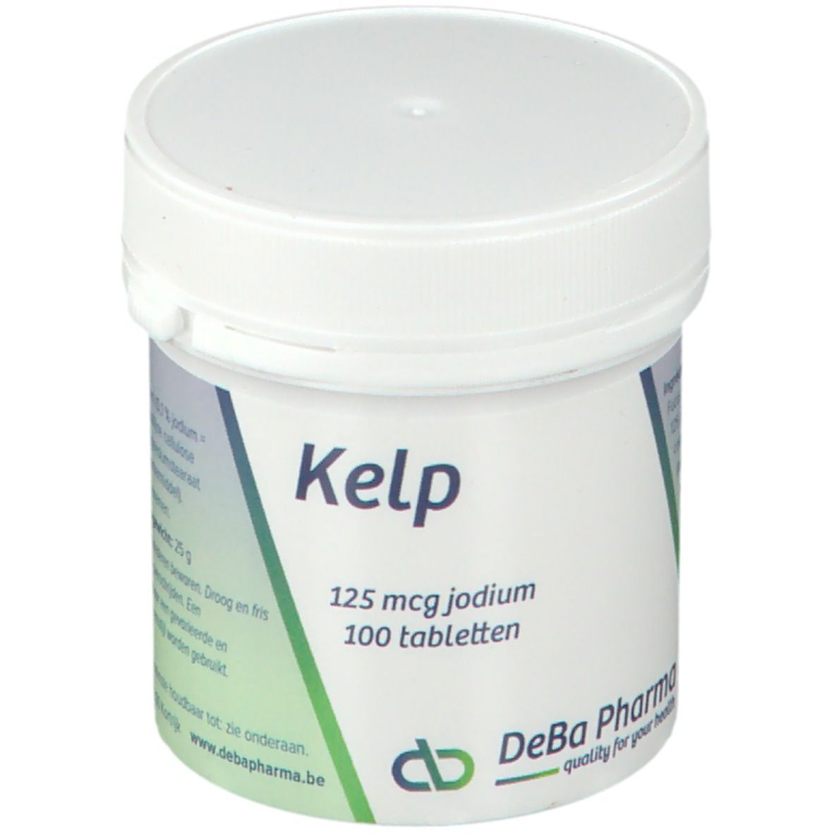 Contenitore bianco per compresse con etichetta verde. Scritta: Kelp, 125 mcg iodio, 100 compresse. Logo DeBa Pharma.