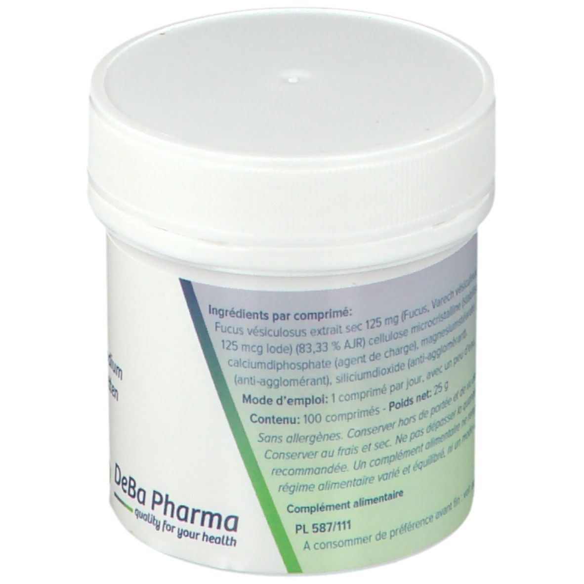 Contenitore bianco per compresse. Retro con ingredienti e istruzioni per l'uso. Logo DeBa Pharma.