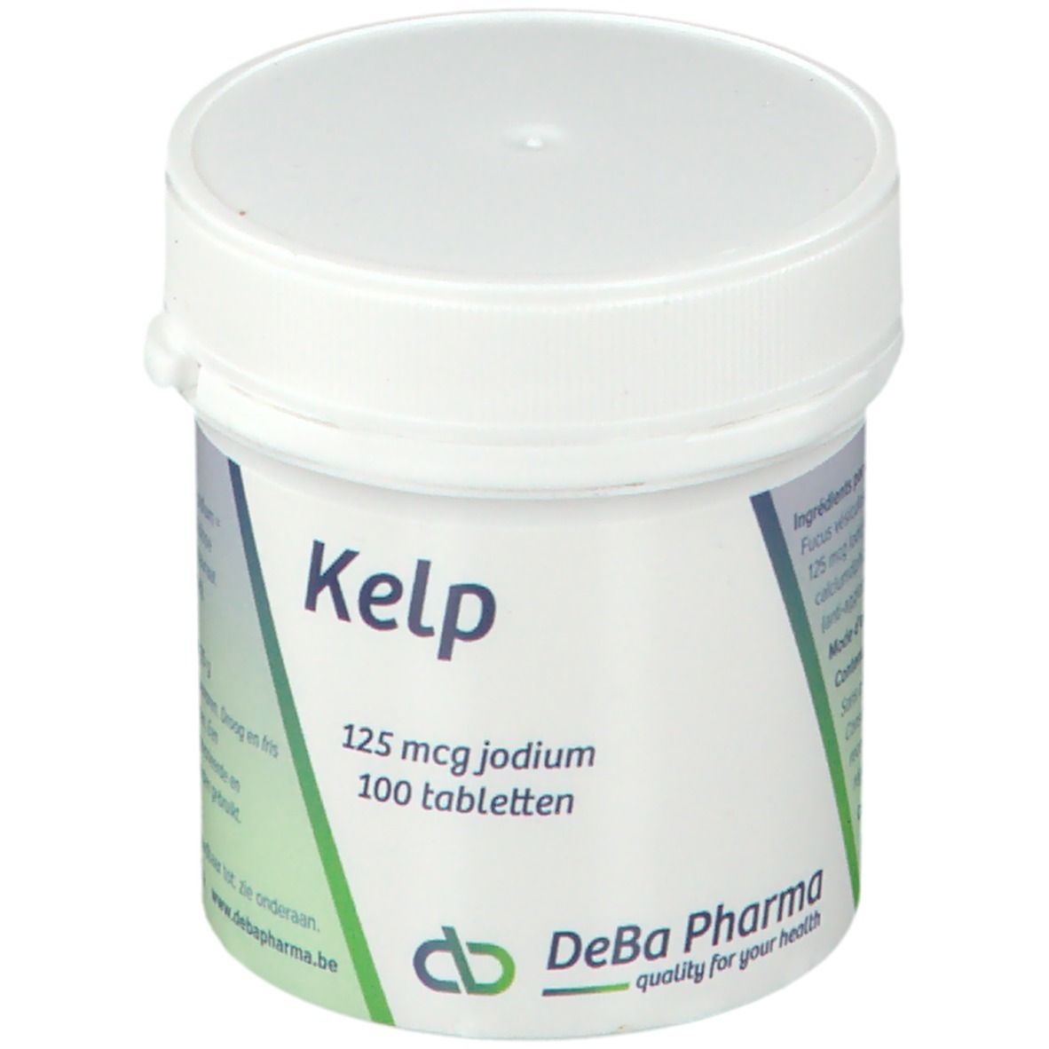 Contenitore bianco per compresse con etichetta verde. Scritta: Kelp, 125 mcg iodio, 100 compresse. Logo DeBa Pharma.