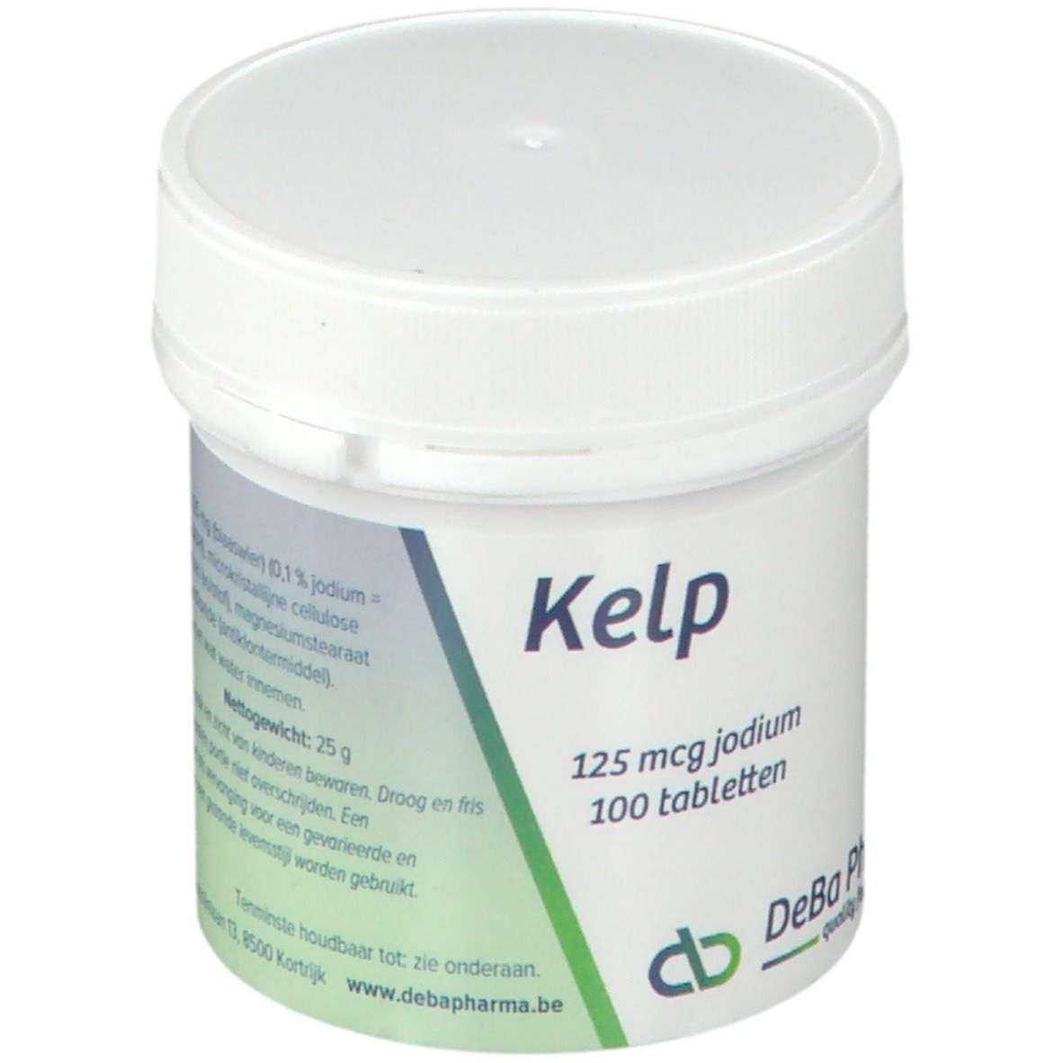 Contenitore bianco per compresse con etichetta verde. Scritta: Kelp, 125 mcg iodio, 100 compresse. Logo DeBa Pharma.