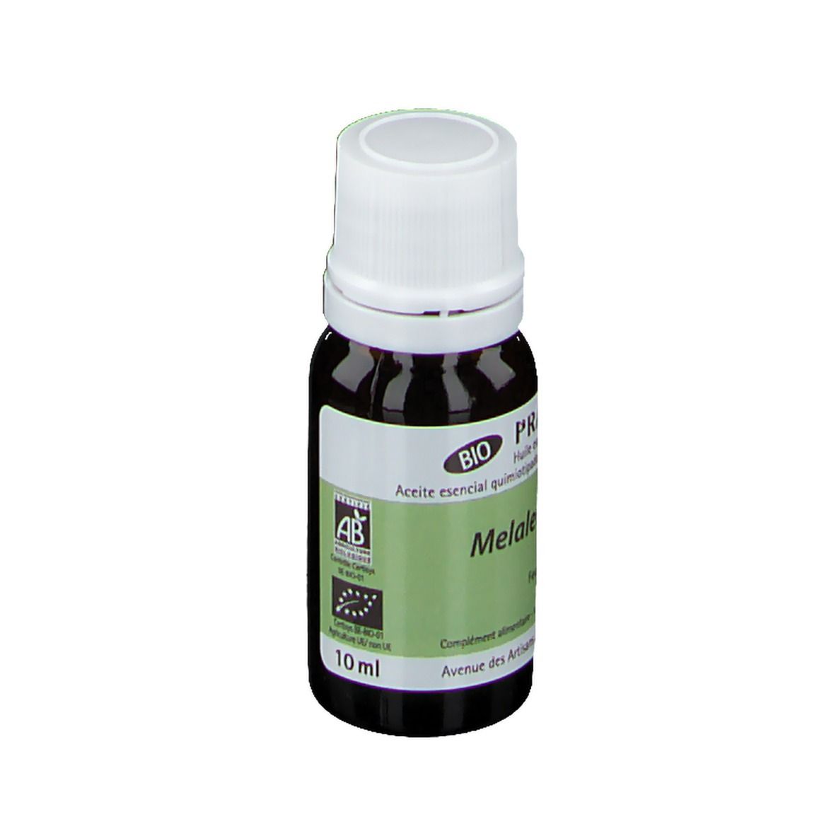 Flacone in vetro marrone scuro con tappo a vite bianco. Etichetta con sigillo BIO, "Aceite esencial" e "Melaleuca cajuput".