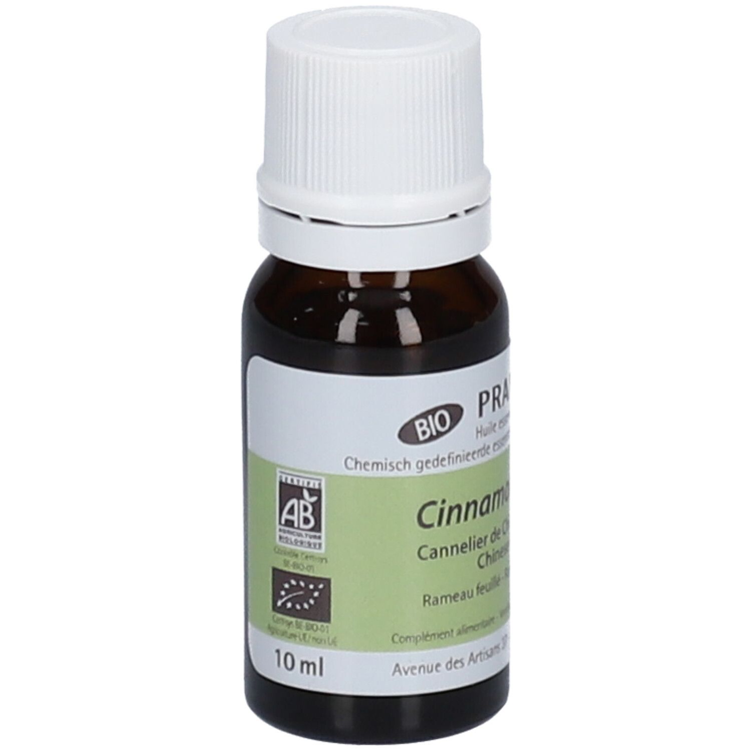 Flacone di vetro marrone con tappo bianco ed etichetta. Il nome del prodotto e 10 ml sono sull'etichetta.