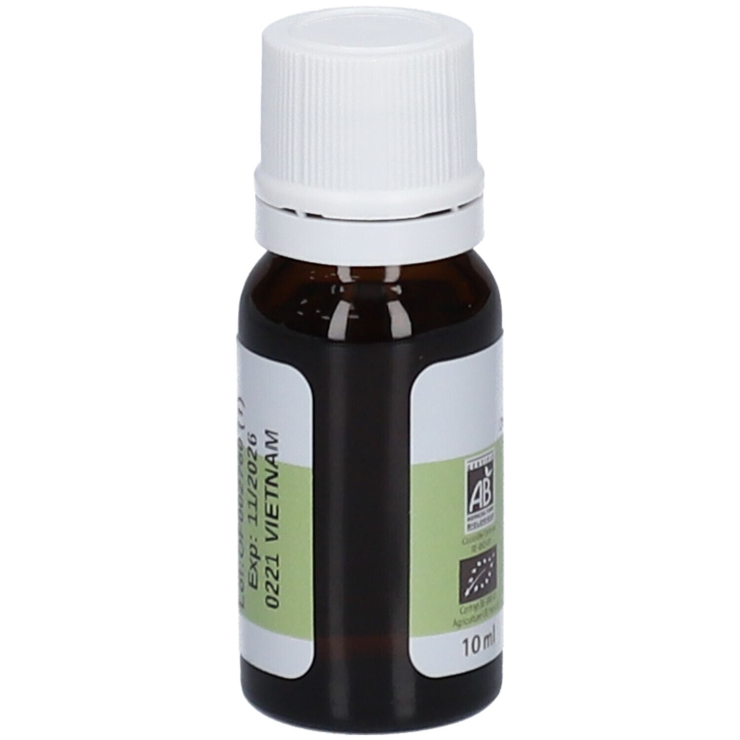 Flacone di vetro marrone con tappo bianco ed etichetta. Il nome del prodotto e 10 ml sono sull'etichetta.