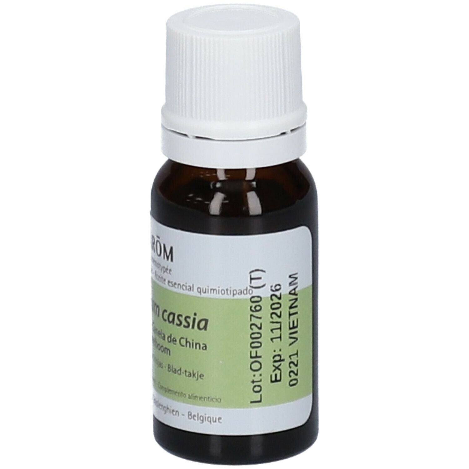 Flacone di vetro marrone con tappo bianco ed etichetta. Il nome del prodotto e 10 ml sono sull'etichetta.